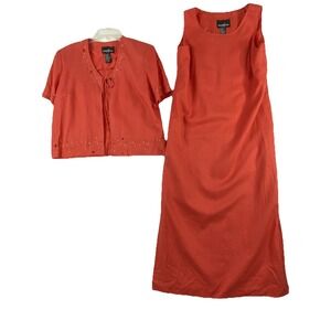 VTG Y2K Positive Attitude Dress 2pc Set Womens 10P Orange Linen Beaded Boho Work
